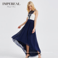 Hot selling color matching embroidery asymmetrical chiffon evening dresses long